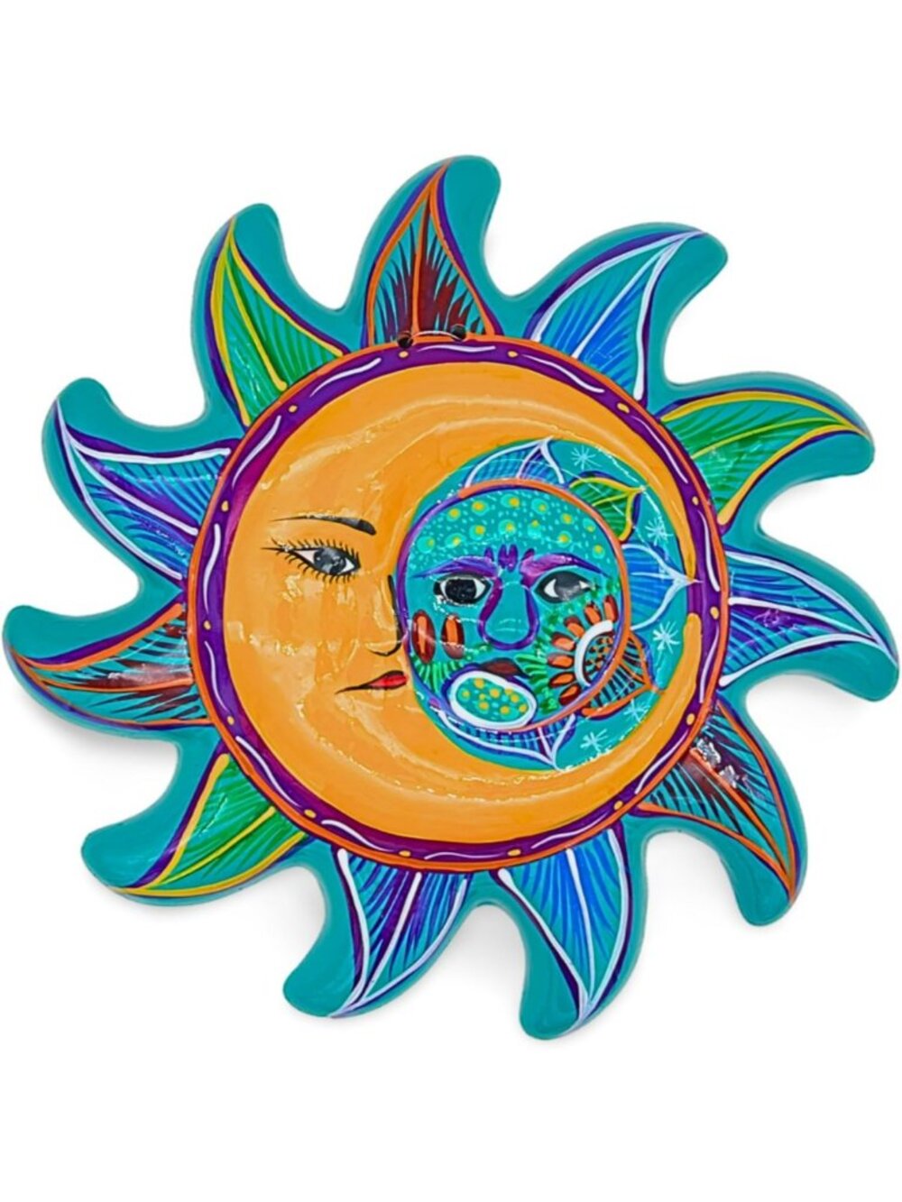 Hand-Painted Ceramic Sun & Moon Face Decor - Mexican Eclipse Wall Art - Unique